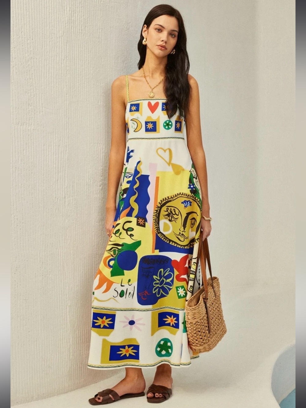 Commense Colorblock Sun & Abstract Midi Dress in Yellow, Blue, Green